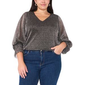 Vince Camuto Womens Plus Size Metallic V-Neck Smocked-Cuff Top 2X Black - NWT